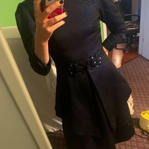 Polin blue bejeweled shimmery midi dress long sleeve size 38